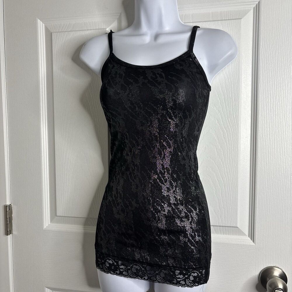 VTG Y2K BKE Black Metallic Lace Look Camisole Top Size M Shimmer Cami Grunge